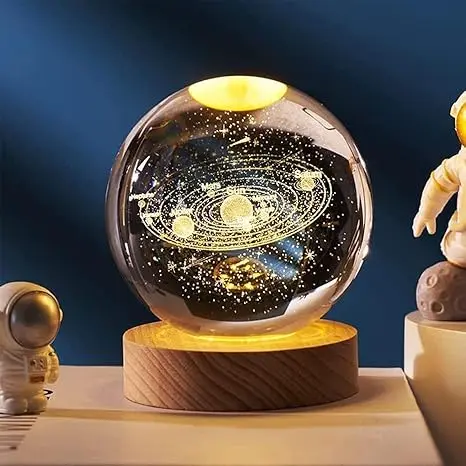 3D Galaxy Crystal Ball Night Light | Dimmable Engraved LED Glass Ball Table Lamp with USB and Wooden Base for Home Decor, Office, Birthday Gift & Kids Bedroom. (Planet)